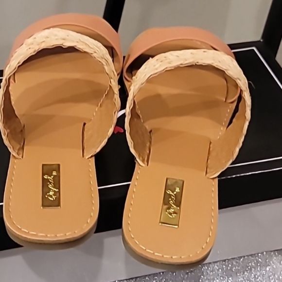 Qupid Two Band Slip-On Flat Sandals- Coral/Straw Tan - Picture 10 of 10